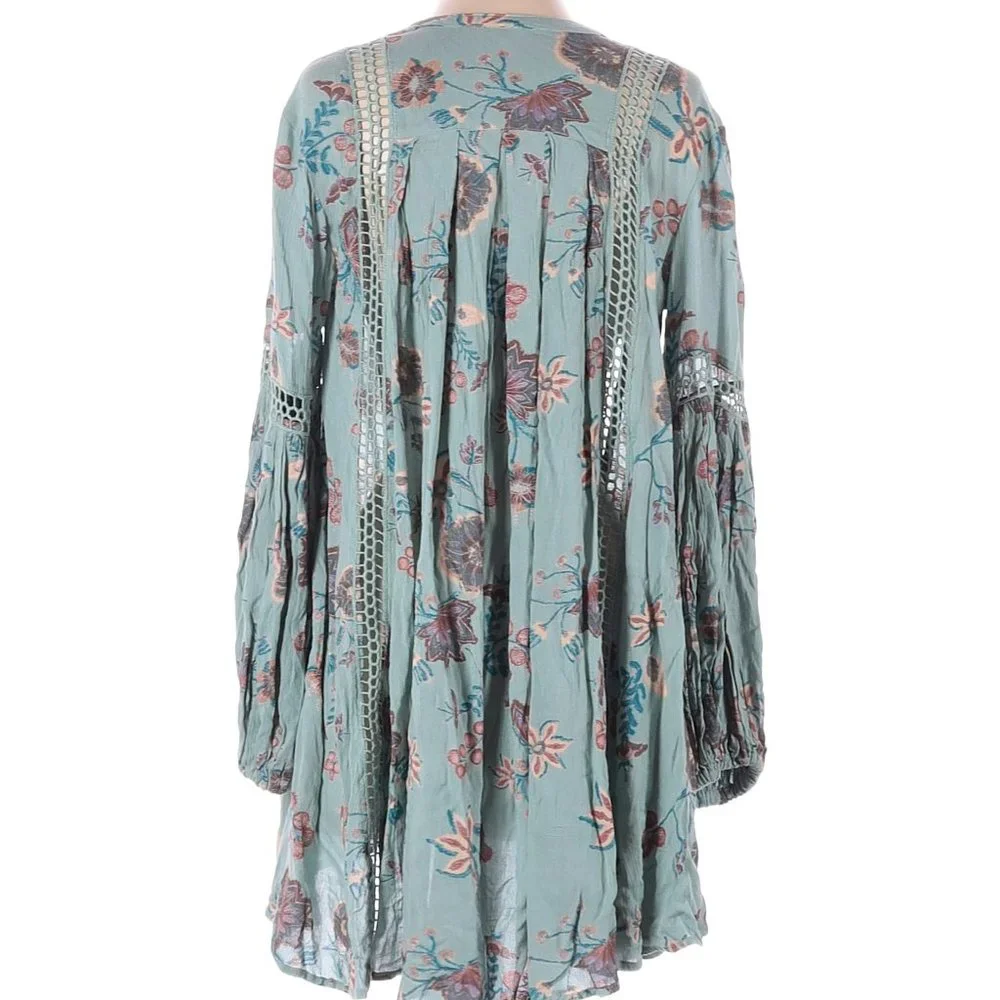 Free People Just The Two Of Us Printed Floral Lace Inset Tunic Dress, S